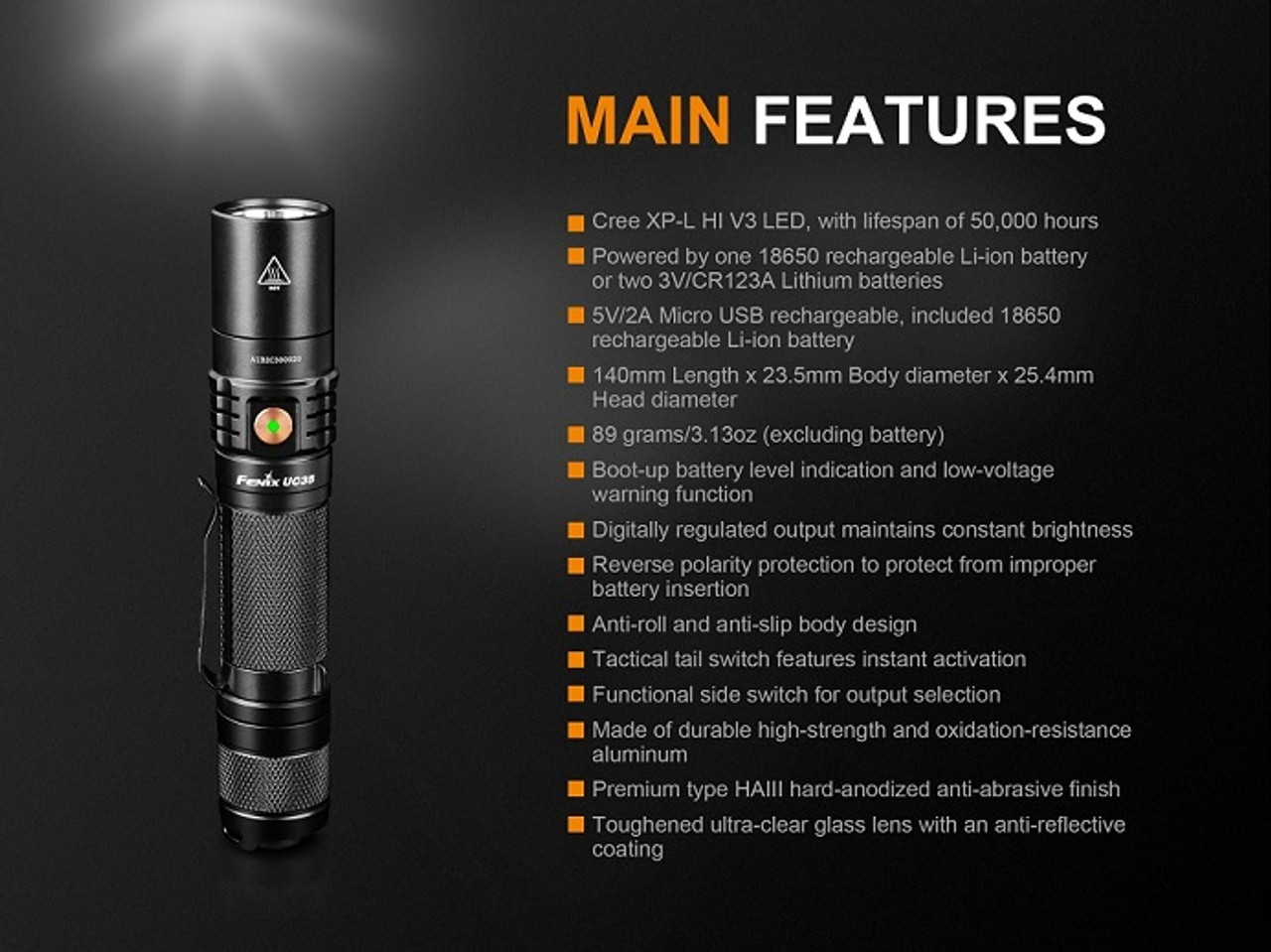 UC35-V2.0 - Fenix 1000 Lumen Rechargeable LED Flashlight