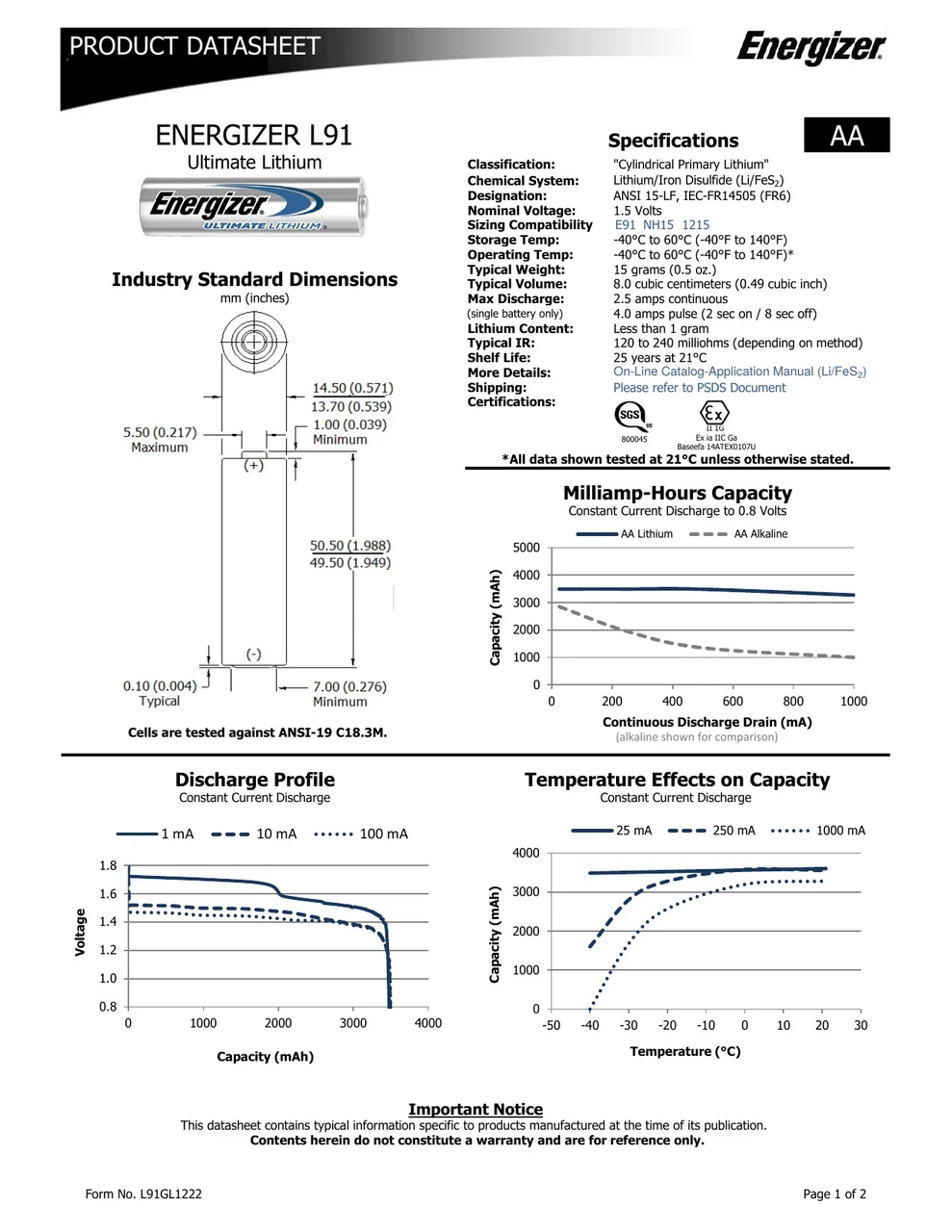 Energizer LN91 / L91 - Energizer Industrial / Ultimate Lithium AA