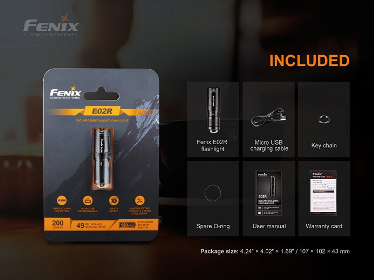 E02R (Brown)  - Fenix 200 Lumen Rechargeable Keychain Flashlight