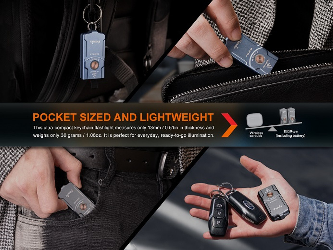E03R V2.0(Grey)  - Fenix 500 Lumen Rechargeable Keychain Flashlight