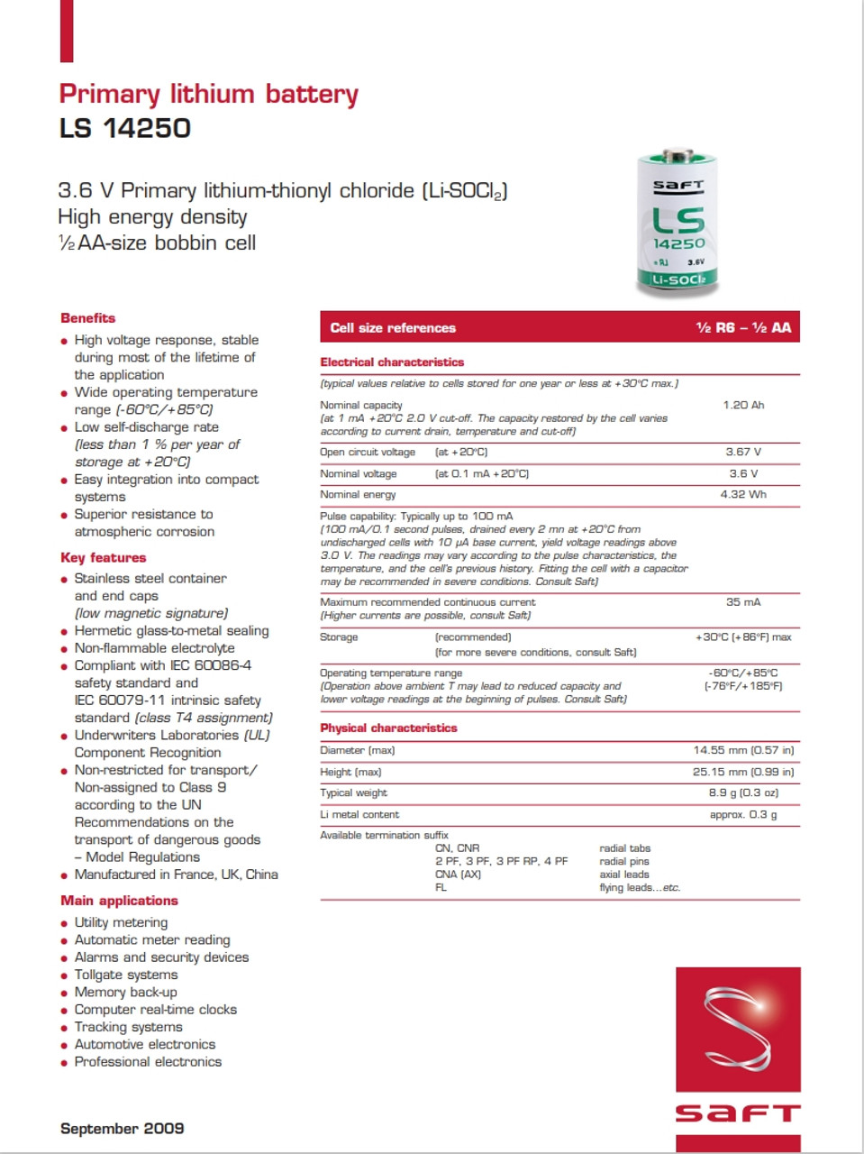 LS-14250STS Replacement Battery with Solder Tabs