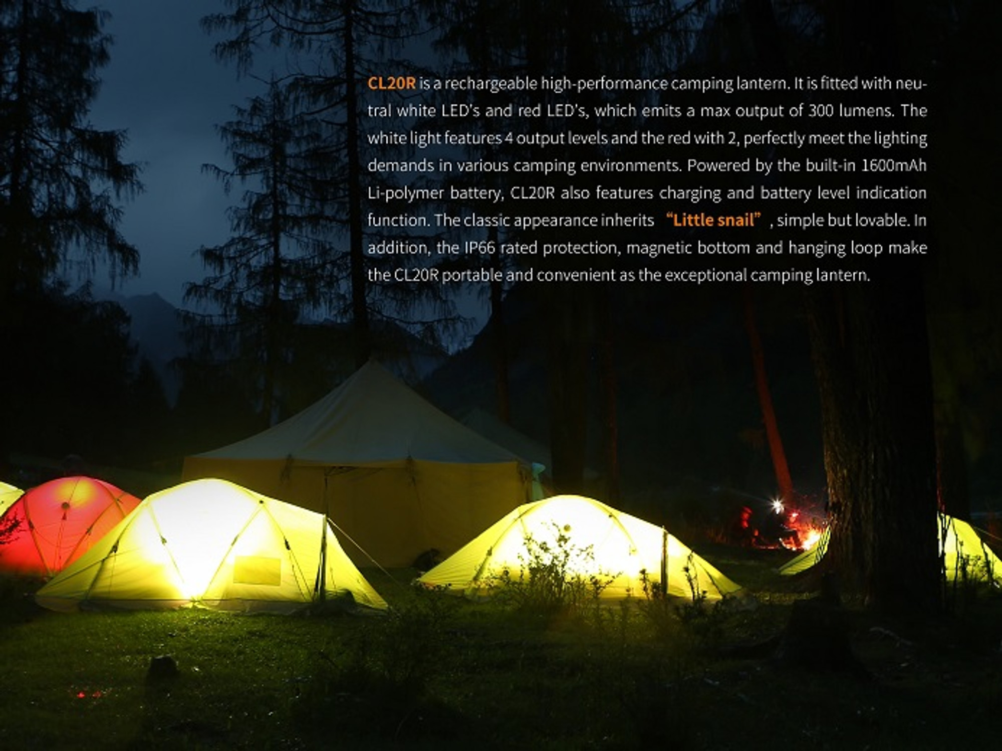 CL20R-O (Orange) - Fenix 300 Lumen Rechargeable LED Camping
