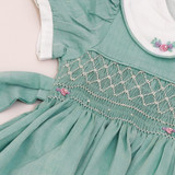 Turquoise Hand Smocked Girls Dress with Bullion Roses [Pre-order]