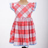 coral and blue plaid girls dress with eyelet lace trims