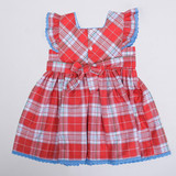 tie back sash of coral plaid girls dress with back buttons