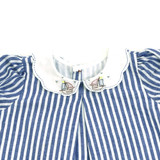 nautical theme embroidery on collar of striped cotton infant dress