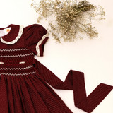 ivory eyelet lace trims details on oeter pan collar and gathered sleeves