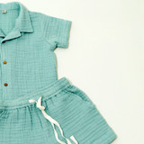 Dusty Blue Organic Muslin Shirt & Shorts Set [Pre-Order]