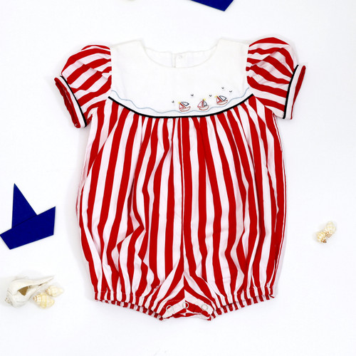 red and white sailboat embroidered baby romper