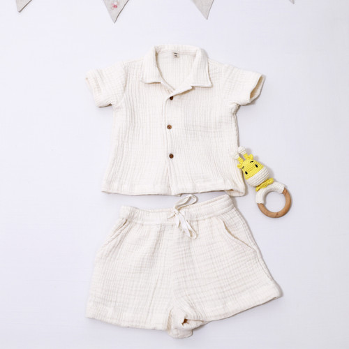 Ecru organic Muslin Shirt & Drawstring Shorts Set