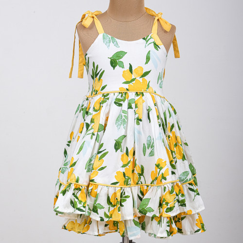 Floral sweetheart neckline dress with adjustable strappy tie-up sleeves and ruffled hem
