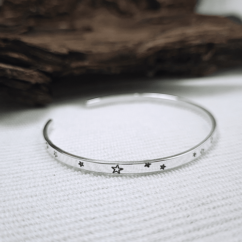 Solid Sterling Silver Open Cuff Bangle with Star Detail