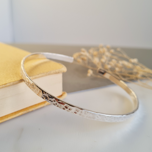 Solid Sterling Silver Open Cuff Bangle with Hammered Texture