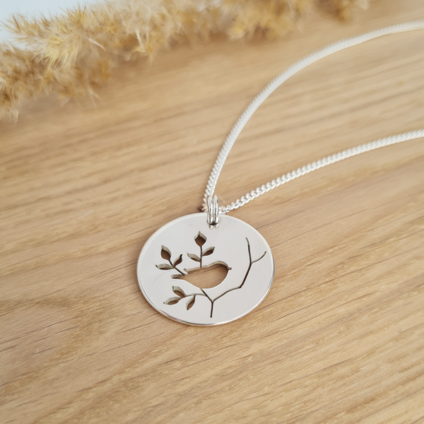 Sterling silver Robin on a branch silhouette Necklace