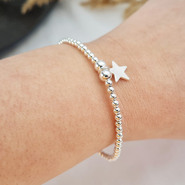 Sterling Silver Beaded Stretch Bracelet with Silver Star Charm