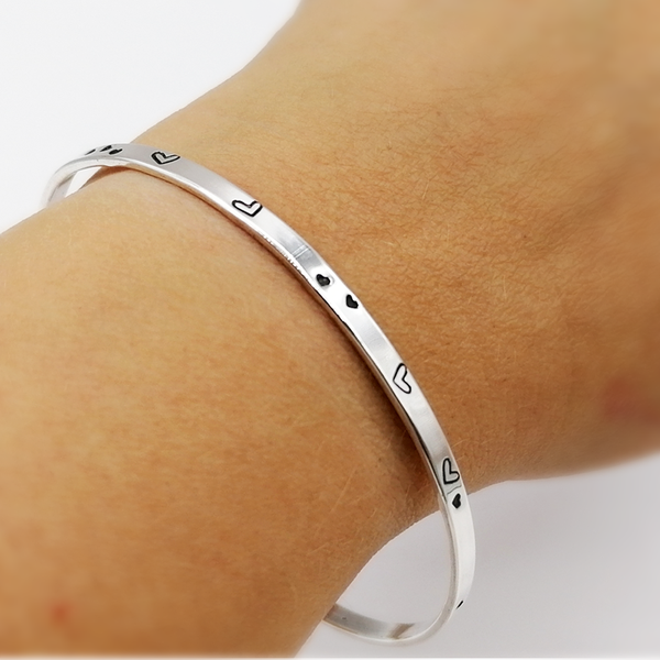 Solid Sterling Silver Open Cuff Bangle with Heart Detail