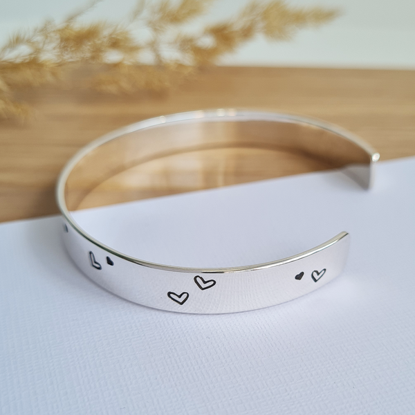 Wide Sterling Silver Love Hearts Open Cuff Bangle