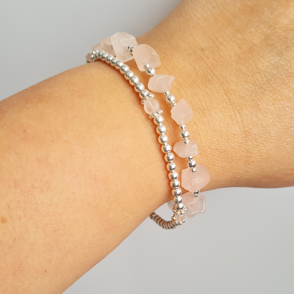 Sterling Silver Rose Quartz Chips Stretch Bracelet