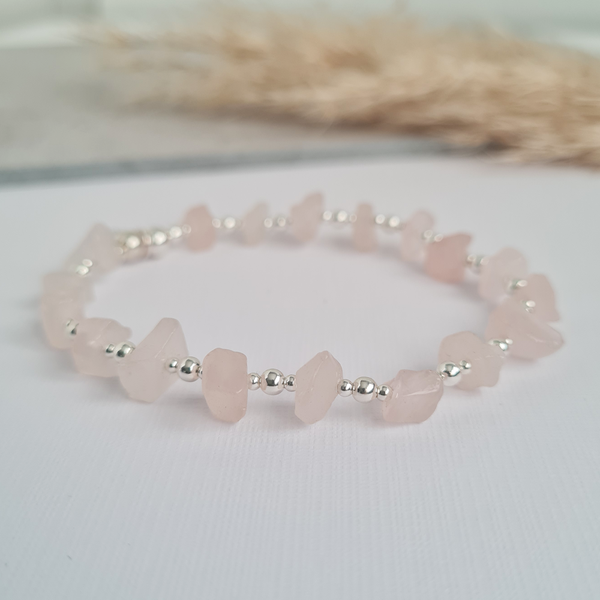 Sterling Silver Rose Quartz Chips Stretch Bracelet