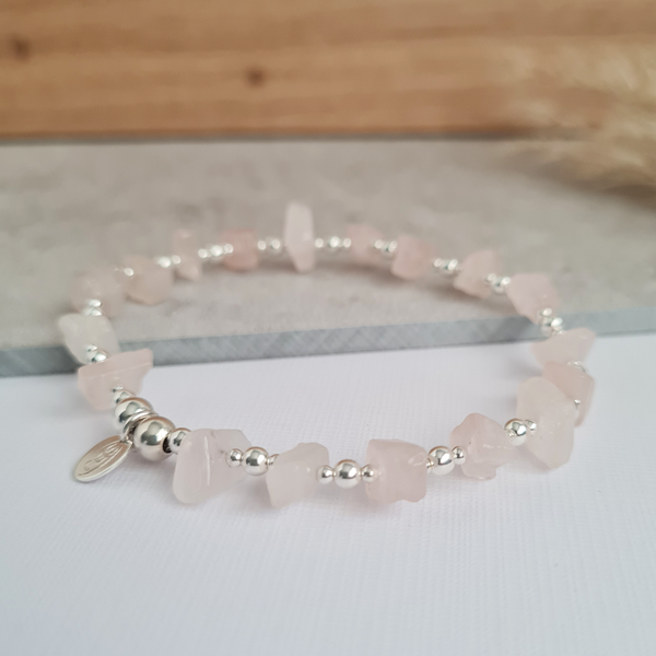 Sterling Silver Rose Quartz Chips Stretch Bracelet