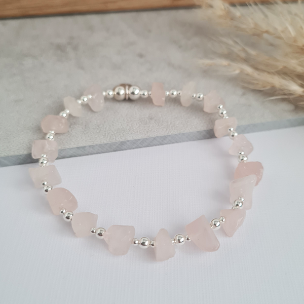 Sterling Silver Rose Quartz Chips Stretch Bracelet