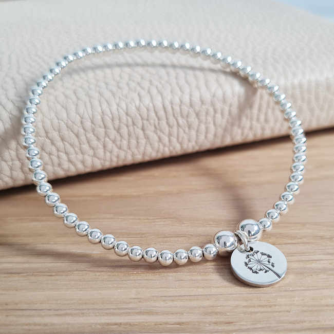 Sterling Silver Beaded Stretch Bracelet with Dandelion Wish Charm