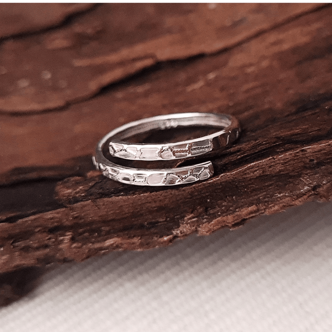 Adjustable sterling silver bark textured wrap ring