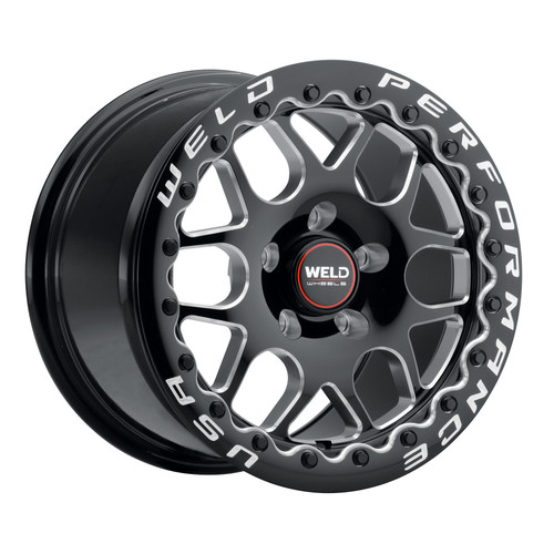 WELD Solana Beadlock Drag Gloss Black Wheel with Milled Spokes 15x10 | 5x115 BC | +22 Offset | 6.36 Backspacing - S910B0071P22 for Challenger 2009-2023, Charger 2006-2010, Charger 2012-2023, Chrysler 300 2012-2023, Magnum 2005-2009, Charger & Challenger Hellcat Standard Body 2015-2023