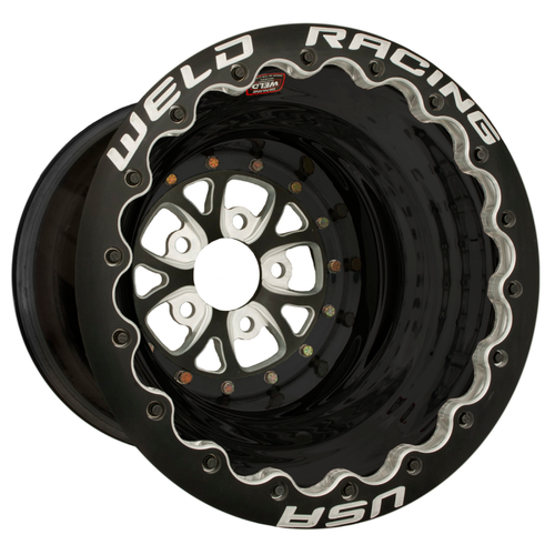 WELD Racing V-Series 15x13 Black Center - Black Shell Black Double Beadlock MT Drag Wheel - 84B-513B282MB