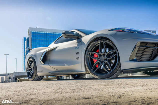 ADV005 FLOWspec Wheels in Satin Black on a Matte Gray Chevrolet C8 Corvette!