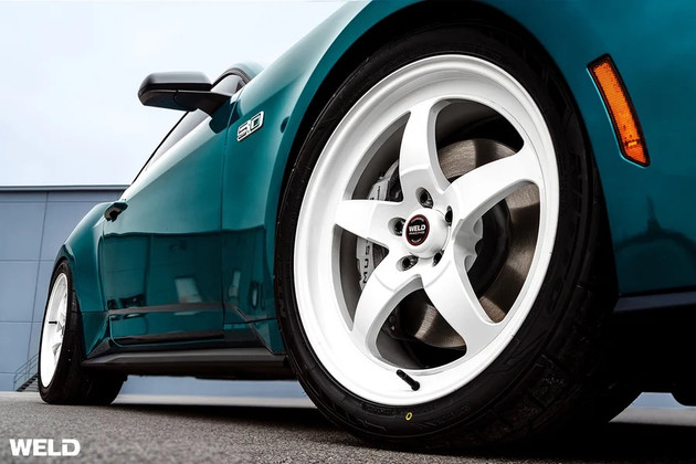 Custom Gloss White WELD RT-S S71 Wheels on a 2026 Ford Mustang GT | 20x9 Front & 20x11 Rear Mustang Wheel Setup.