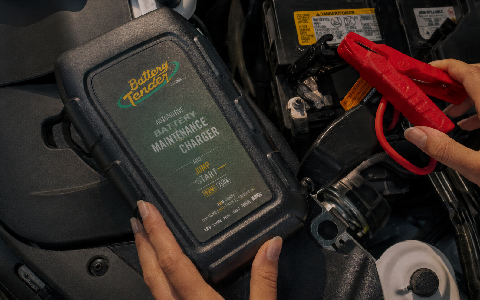 Battery Tender maintenance charger connected to a vehicle battery