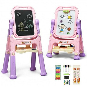 Height Adjustable Kids Art Easel Magnetic Double Sided Board-Pink - Color: Pink D681-TY590373PI