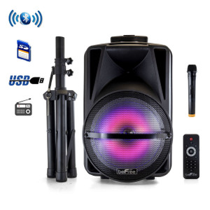 beFree Sound 12 Inch PA Bluetooth Rechargeable Portable Party Speaker with Reactive LED Lights and  D970-BFS-1239-RB
