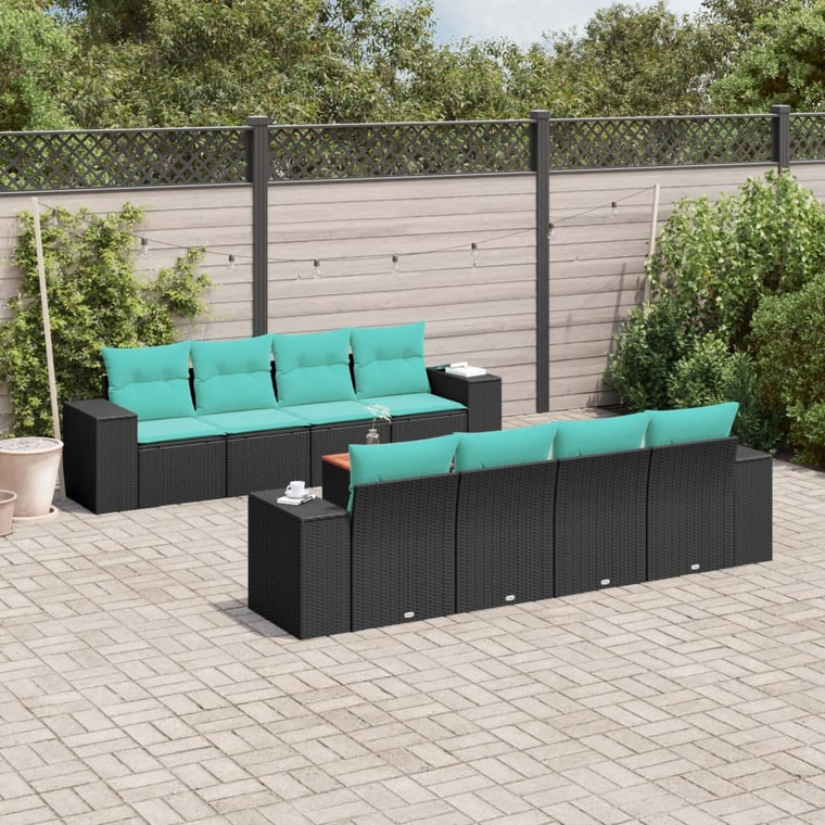 9 Piece Patio Sofa Set with Cushions Black Poly Rattan A949-3225364