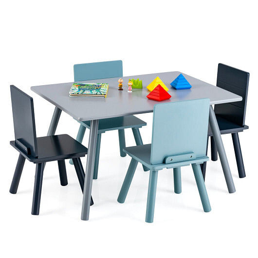 5 Pieces Kids Wooden Activity Play Furniture Set with Building Blocks-Blue - Color: Blue D681-HY10034BL