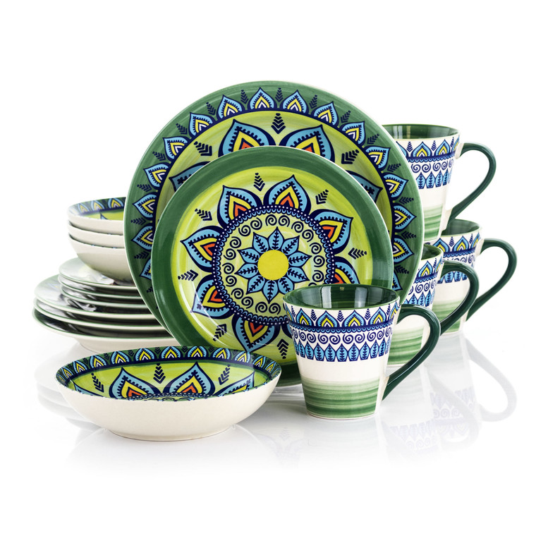 Elama Zen Green Mozaik 16 Piece Luxurious Stoneware Dinnerware with Complete Setting for 4, 16pc D970-ELM-ZEN-GREEN-MOZAIK