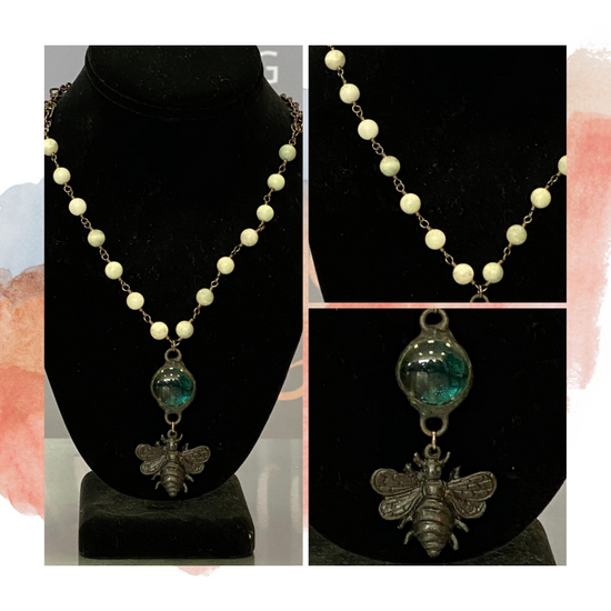Bronze Bee Pearl Necklace w/ Turquoise Glass