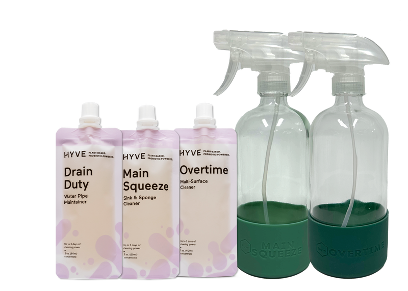 Kit includes Plant-based natural cleaning products to clean hard surfaces with a multi-surface cleaner, sink and sponge cleaner, and drain cleaner. This kit includes two reusable glass bottles with silicone sleeve to protect bottles
