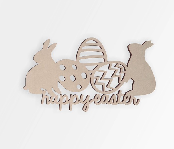 Happy Easter Wooden Shape with Bunnies and Eggs | Cutout