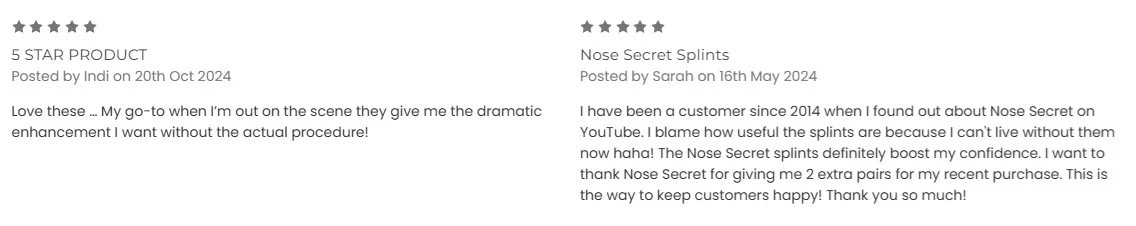 Five starts reviews  from NOsesecret customers 