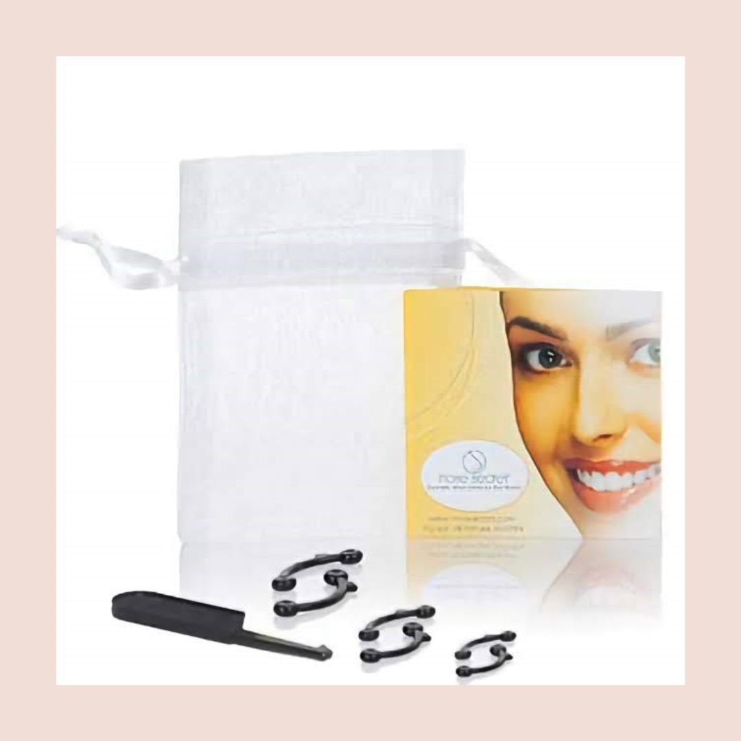 Model showcasing the NoseSecret® nose shaper alongside the complete NoseSecret® kit