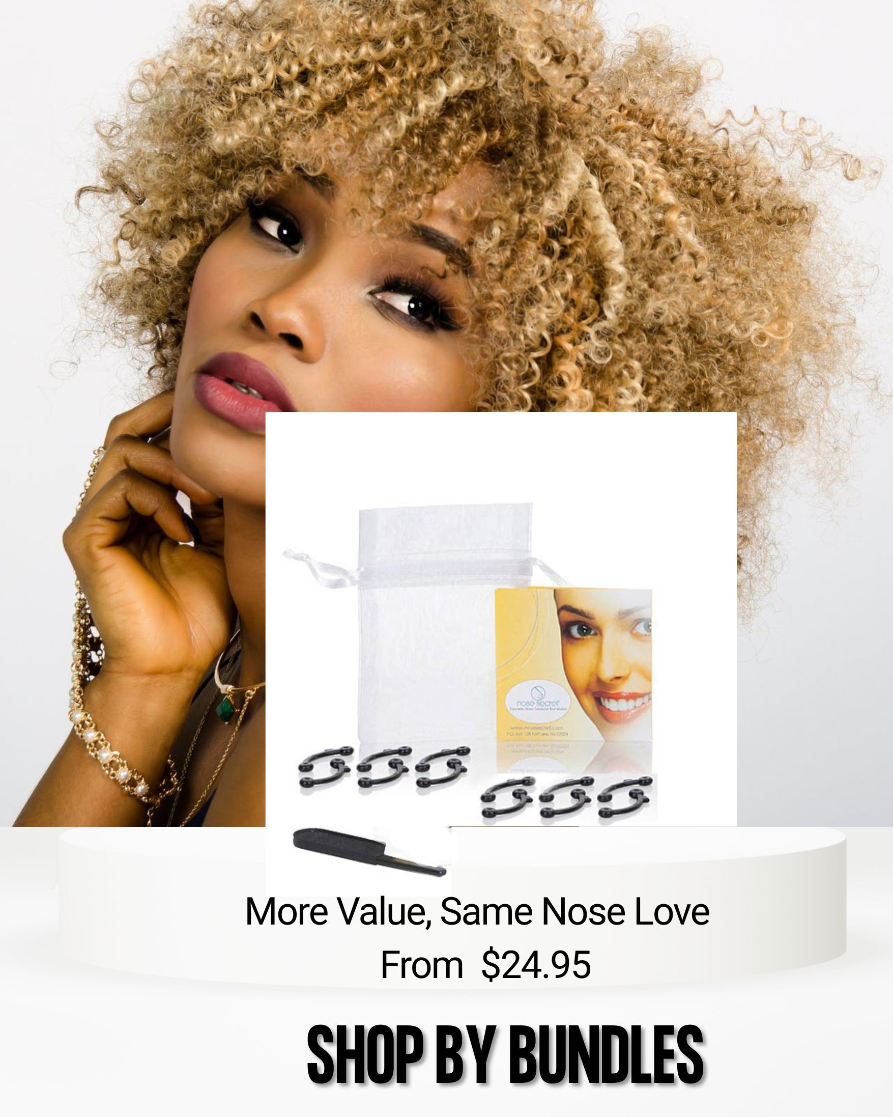 Model showcasing the NoseSecret® nose shaper alongside the  Bundle  package