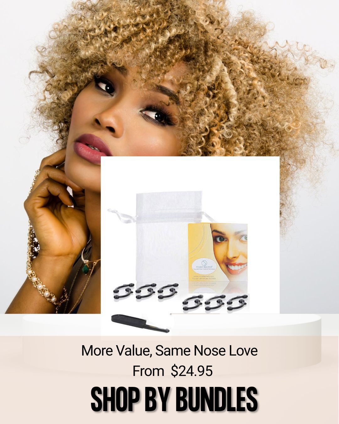 Model showcasing the NoseSecret® nose shaper alongside the  Bundle  package