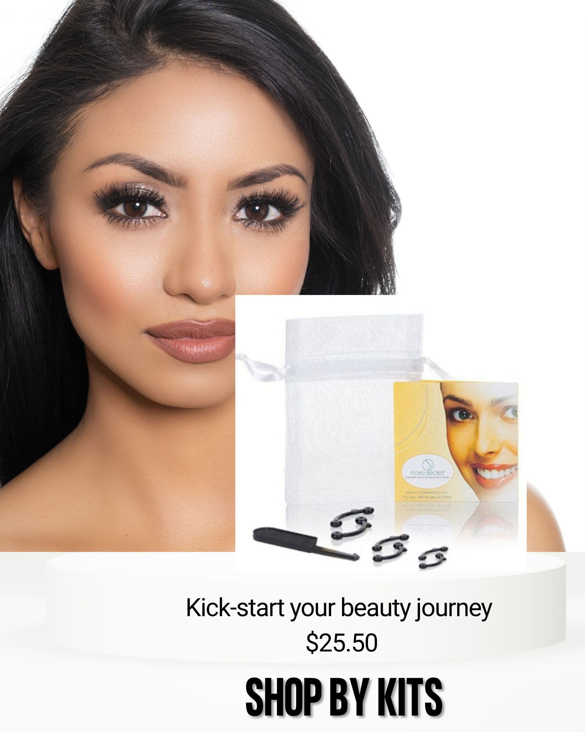 Model showcasing the NoseSecret® nose shaper alongside the complete NoseSecret® kit