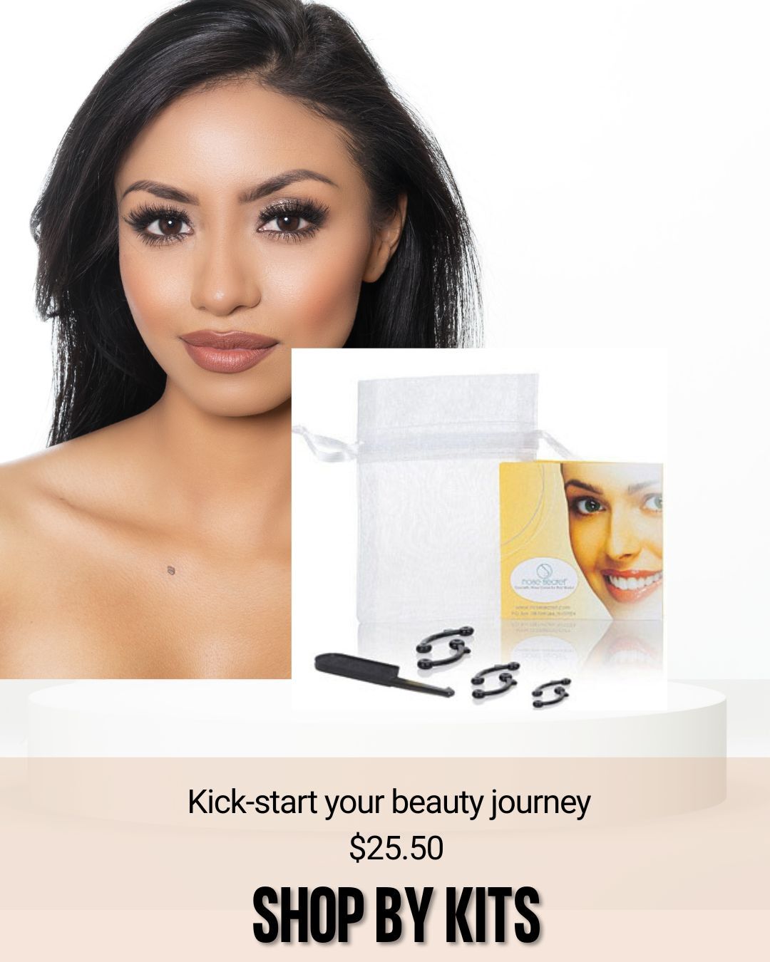 Model showcasing the NoseSecret® nose shaper alongside the complete NoseSecret® kit