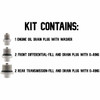 KIT CONTAINS - 1 engine oil drain plug with washer, 2 front differential plugs (fill and drain) with O-rings, 2 rear transmission plugs (fill and drain) with O-rings.