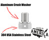 Made In America with 304 stainless steel. Comes with an aluminum crush washer.