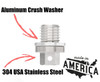 Made in America with 304 stainless steel.  Comes with an aluminum crush washer.