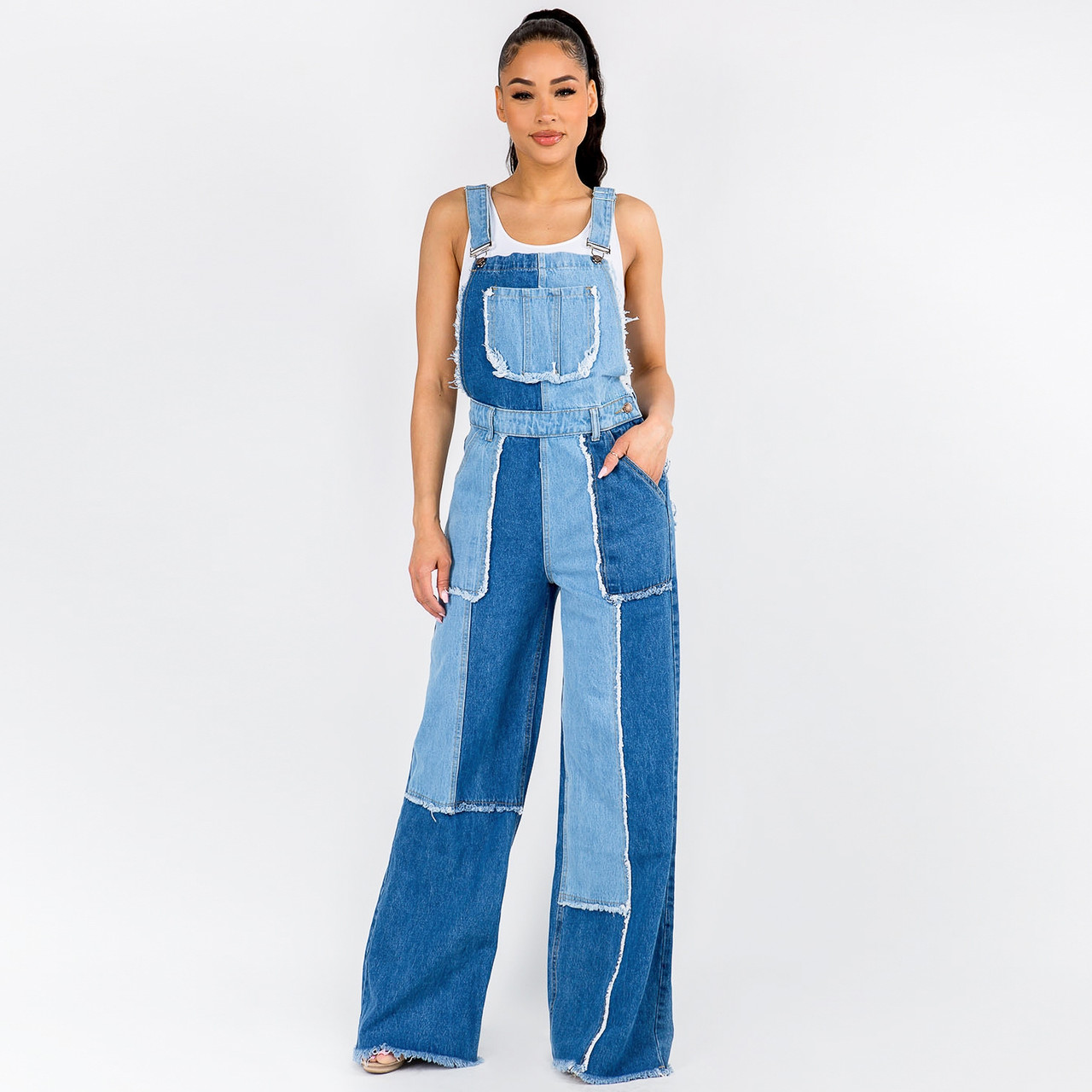 Piwonia - Letter Embroidered Distressed Wide Leg Denim Dungaree